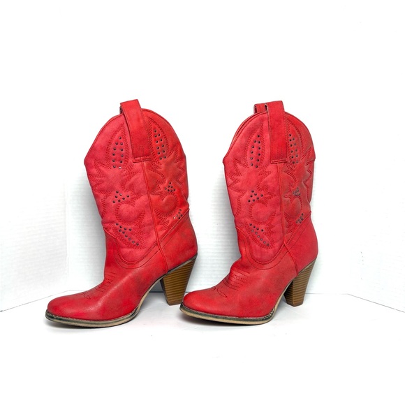 Very Volatile Red Cowboy Boots Studded Distressed Western Inlay Coastal Cowgirl - Picture 2 of 12